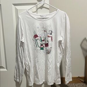 Women’s White Long Sleeve Holiday Graphic Tee – Snowman Scene